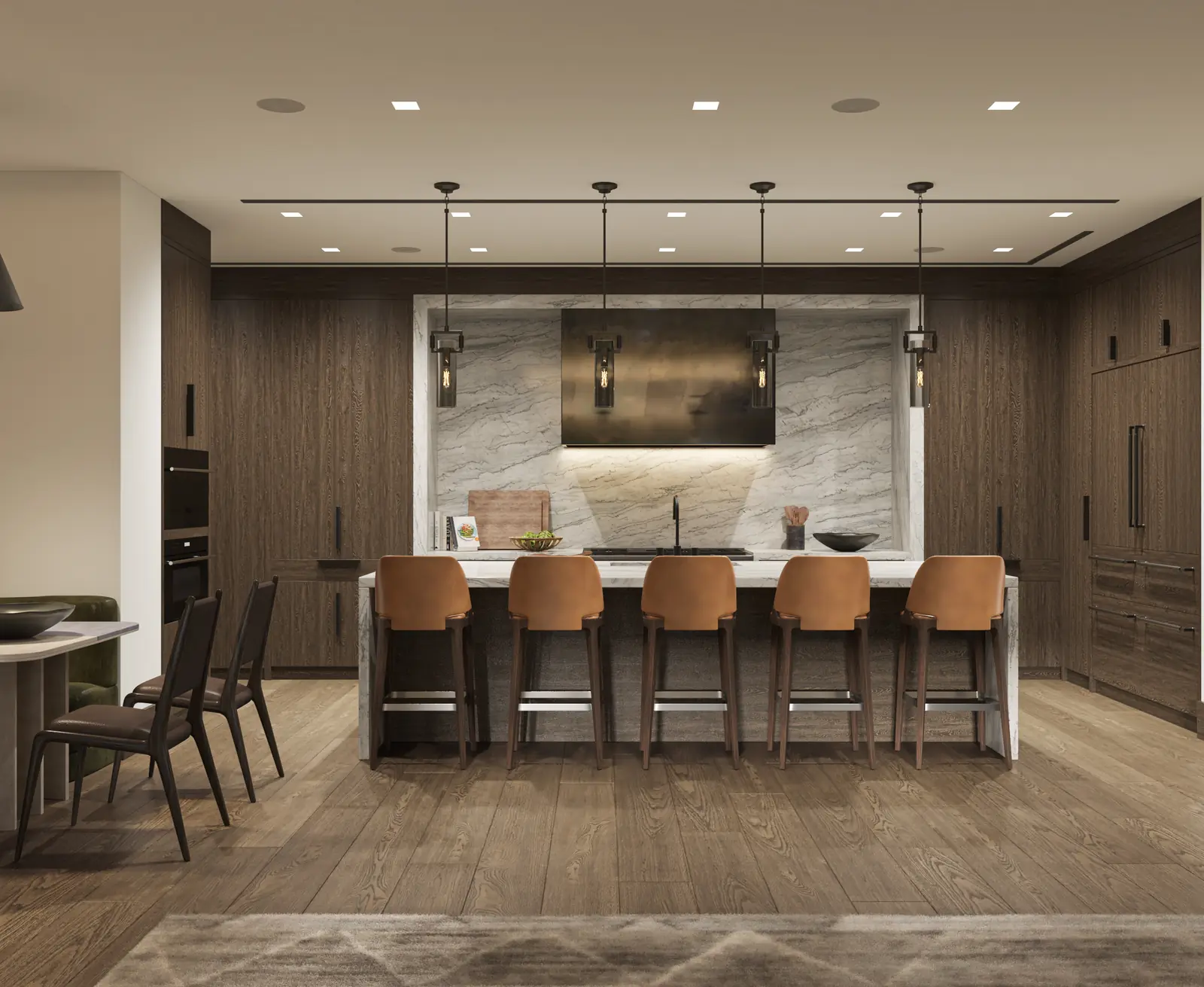 Rendering of a kitchen with walnut cabinetry, a marble island and leather counter stools