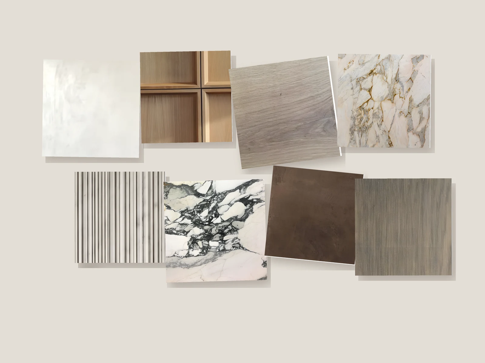 A flat-lay of the home's finishes: plaster, white oak, marble and bronze