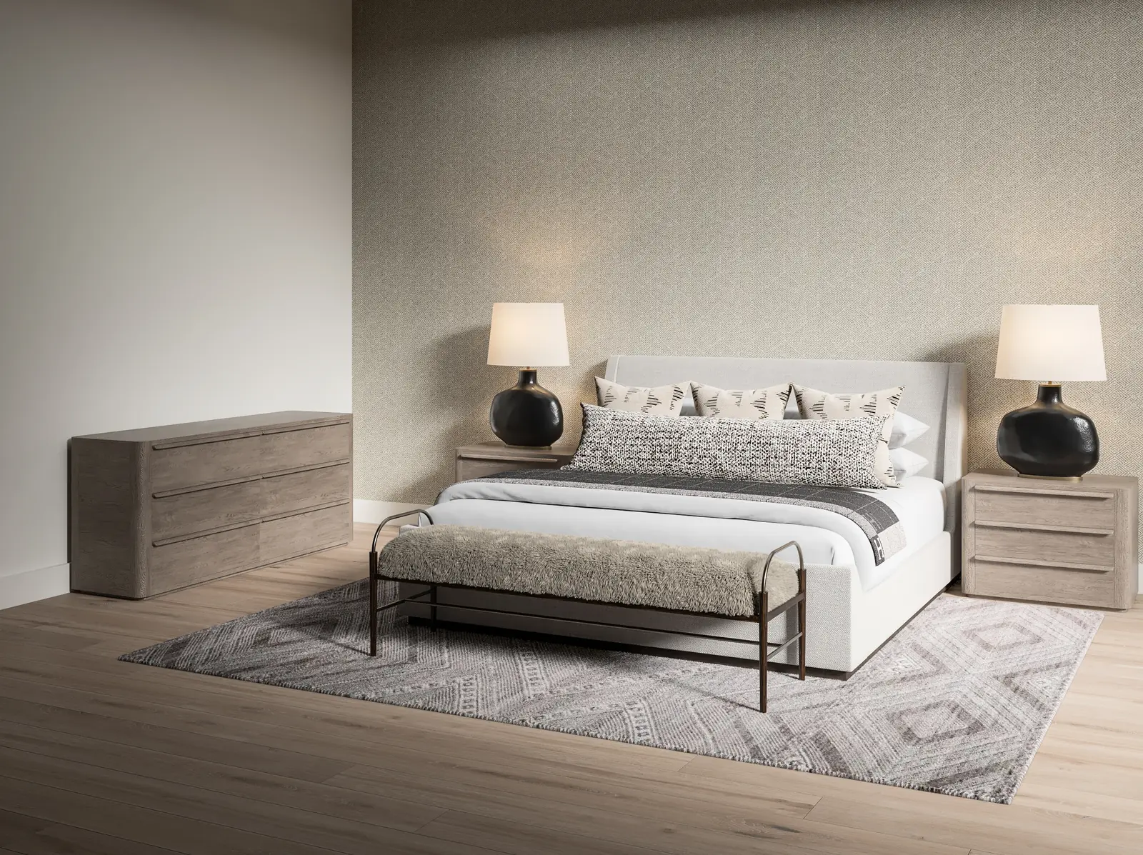 The same bedroom with layers of texture and pattern added