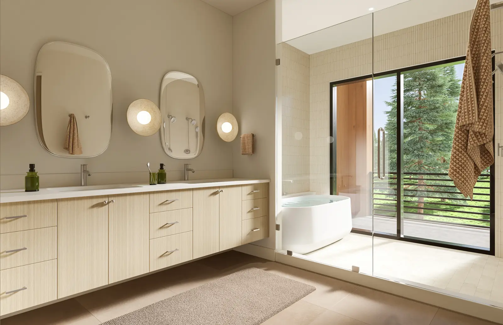 Primary bathroom with a floating oak vanity and a freestanding tub by the window