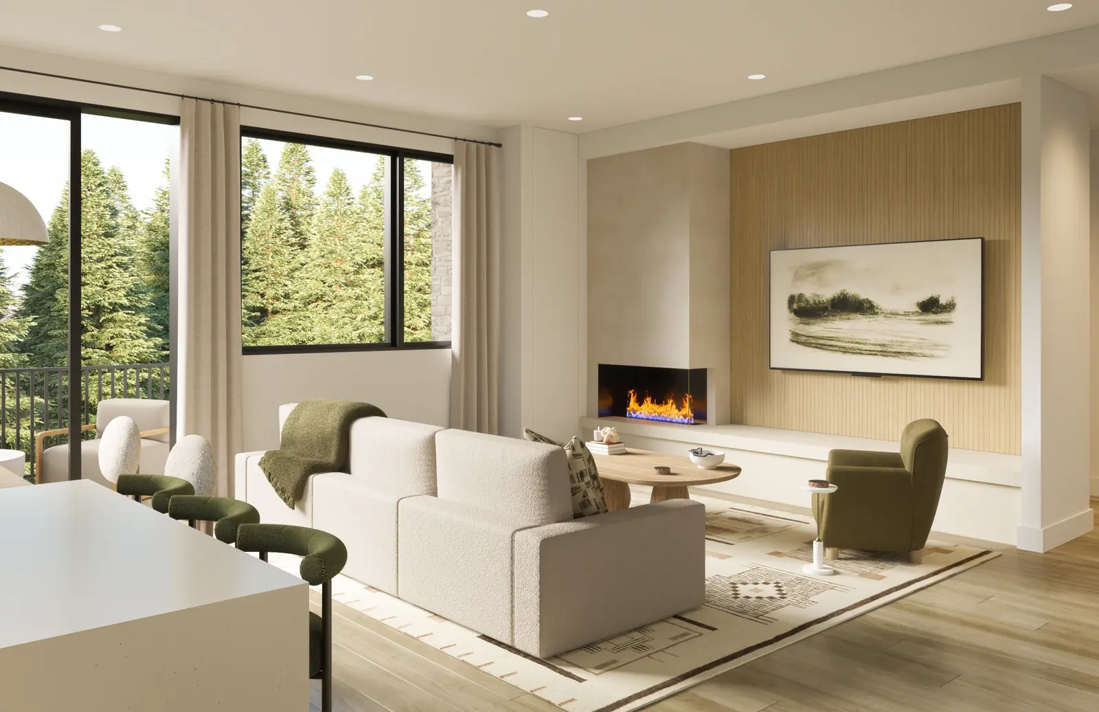 Living room with a fireplace and a wall of windows onto evergreens
