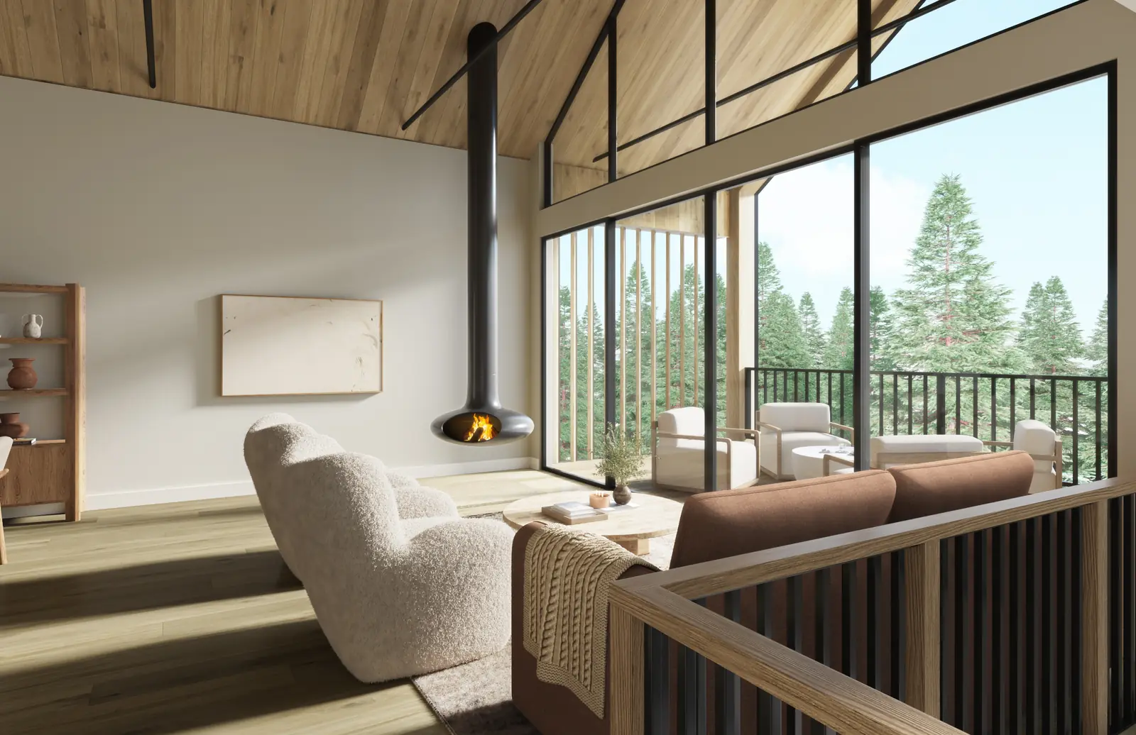Living room with a hanging fireplace and a wall of glass onto the firs