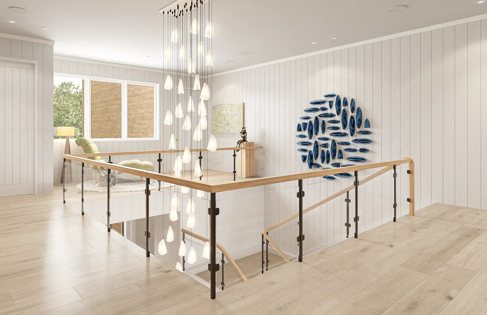 Render of an upper landing with a glass drop chandelier