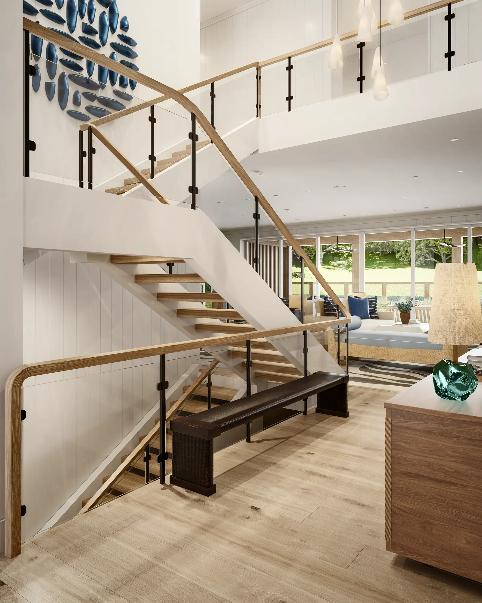 Render of an entry with an oak and glass stair