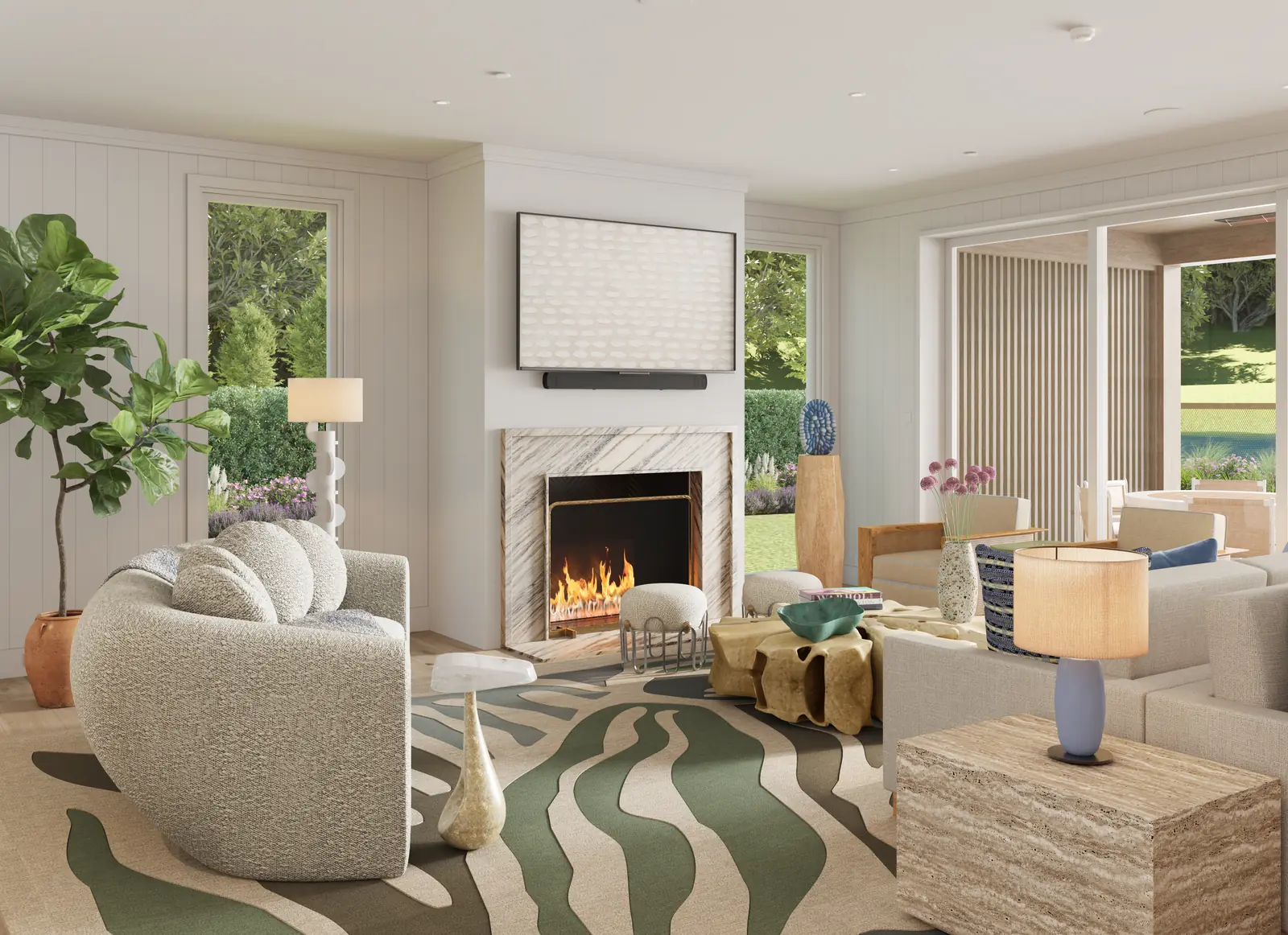 Render of a living room with a green wave-pattern rug and a stone fireplace