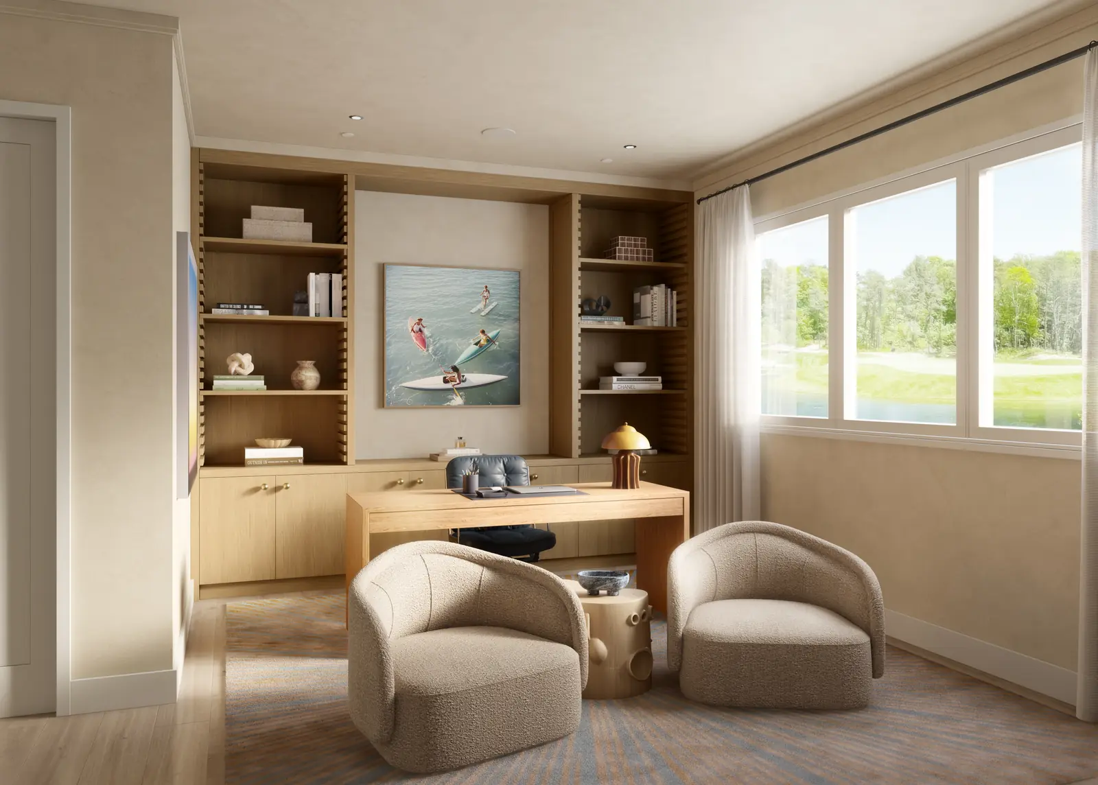Render of a study with curved chairs and oak shelving